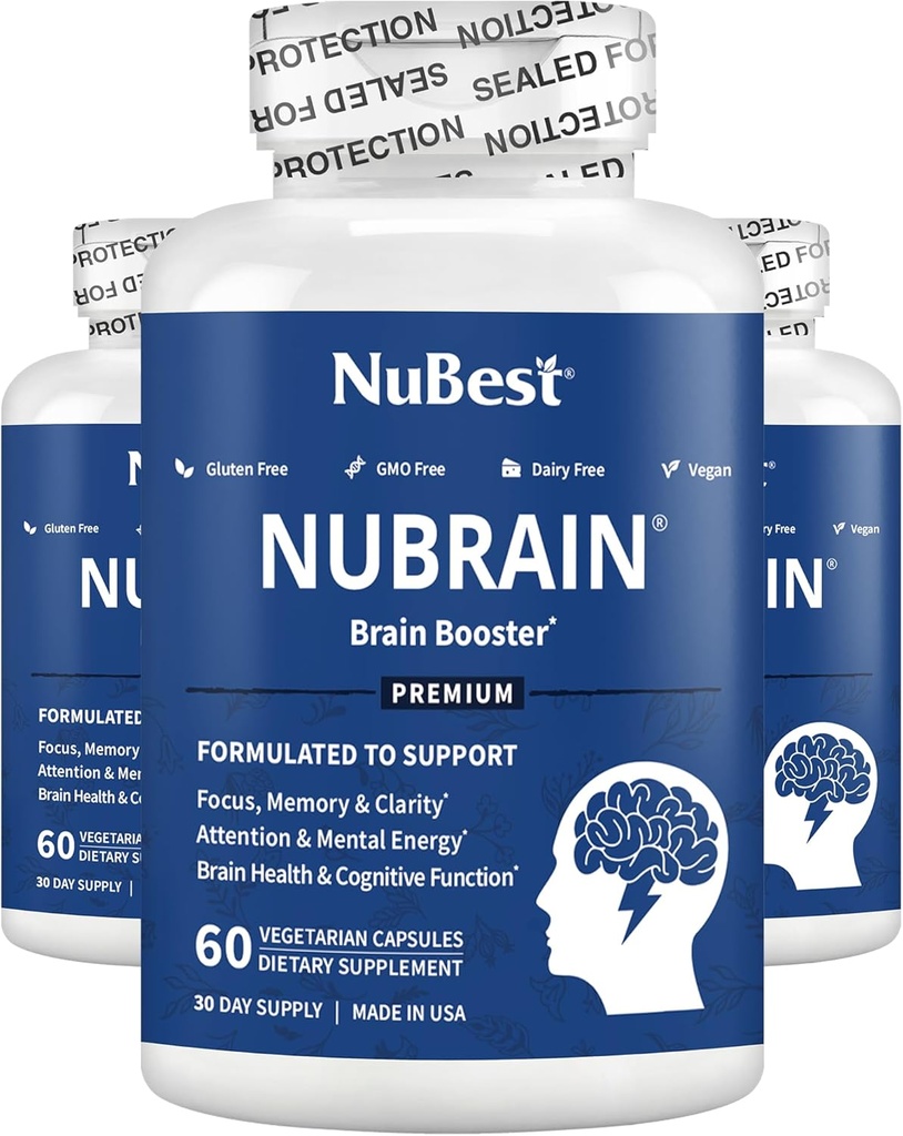 NuBrain - Advanced Brain Booster - Améliorer la mémoire, la concentration et la clarté avec la vitamine B6, Ginkgo Biloba, Bacopa Monnieri et plus - Supplément cerveau pour les hommes et les femmes - 3 packs