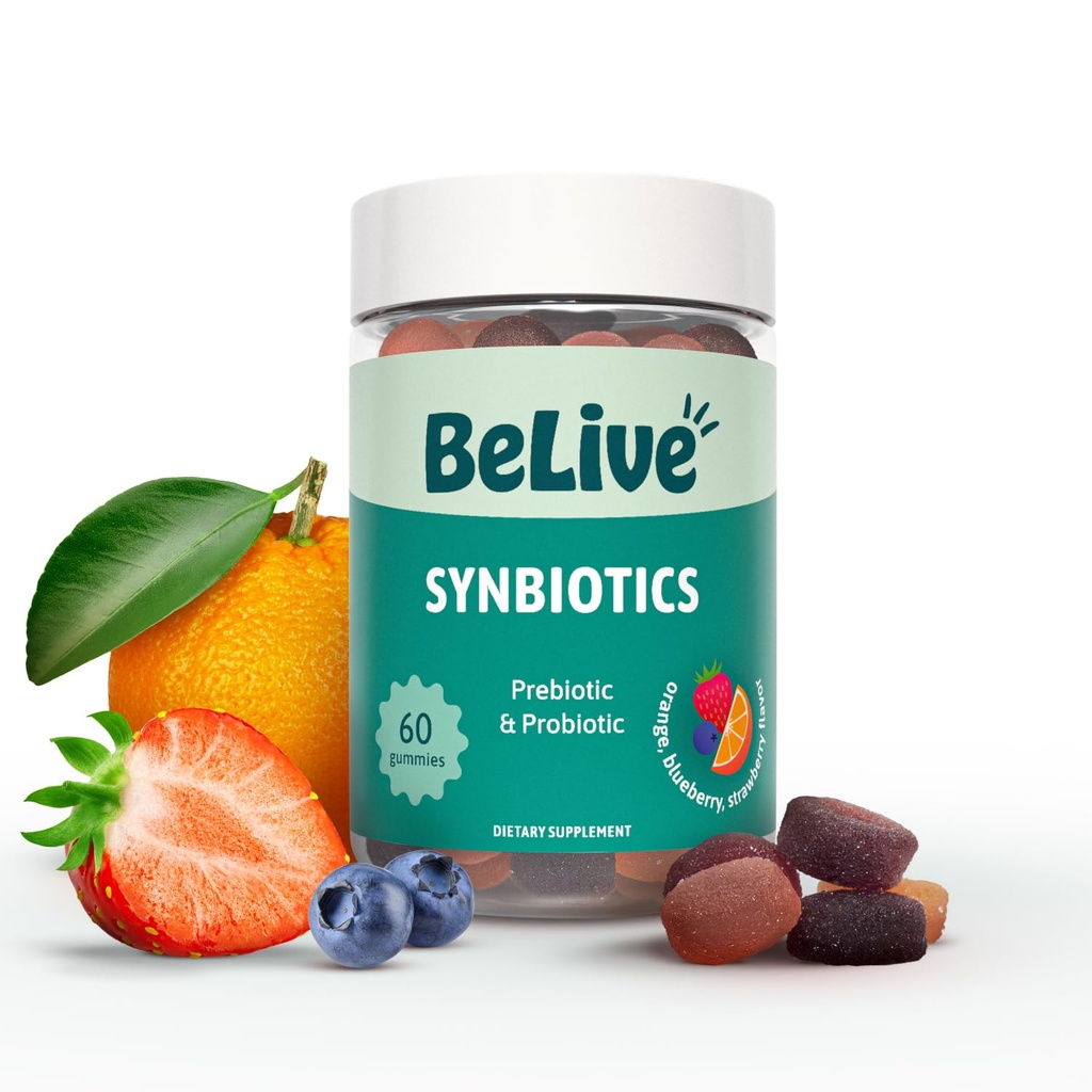 BeLive Synbiotics - Probiotic & Prebiotic Fiber Gummis – High Strength Inulin (3g), Nahrungsfaserergänzung, Verdauungsunterstützung für Kinder & Erwachsene - Erdbeere, Zitronen, Blaubeeren Geschmack (60Ct)