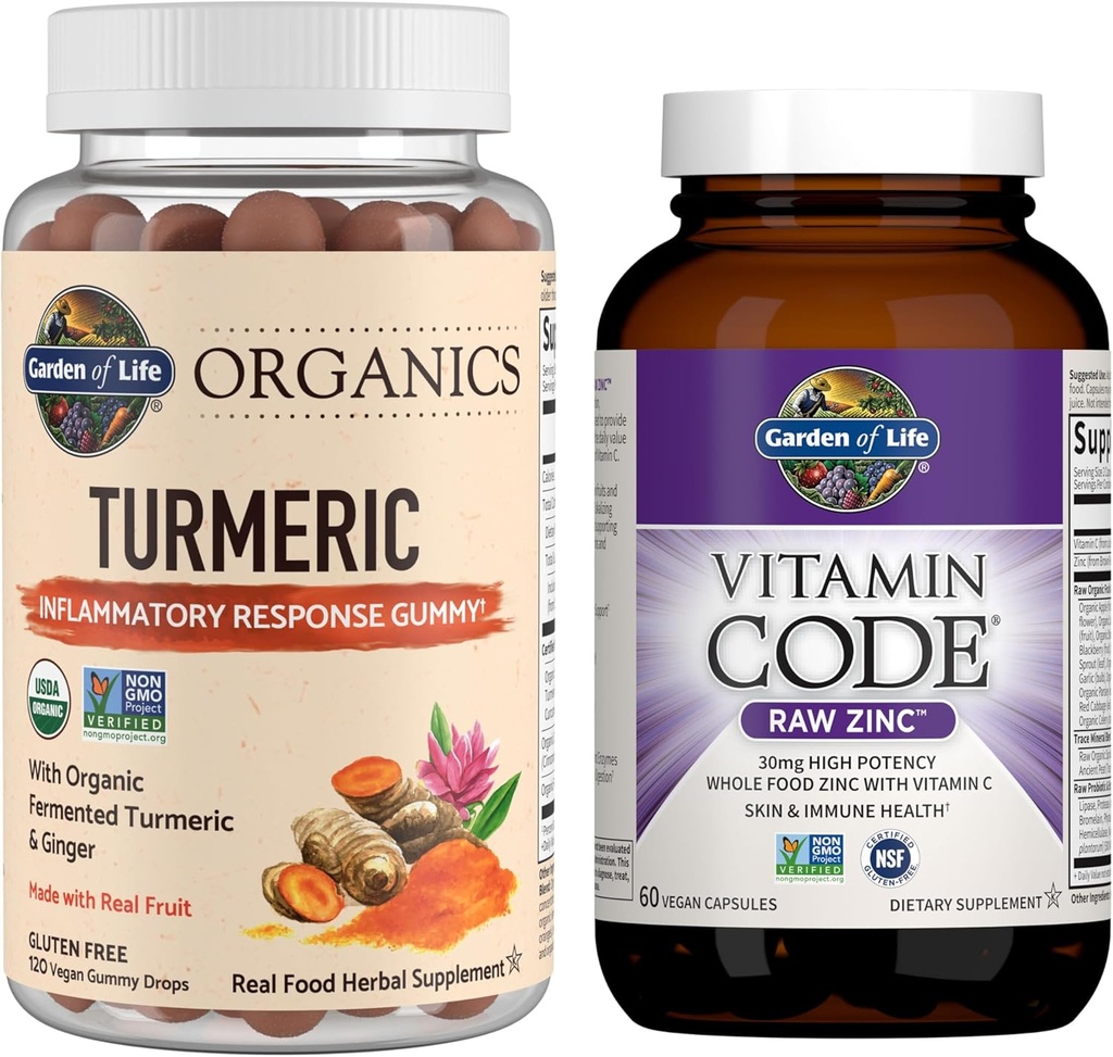Garten des Lebens Bios Turmeric Inflammatory Response Gummy, 120ct & Vitamin Code Hohe Potenz Raw Zink, 60ct