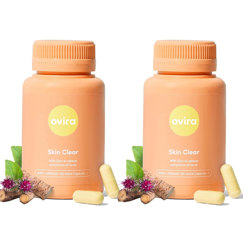 Ovira Skin Clear con ZINCBRIGHT - 60 capsule per pelle chiara e luminosa | Rosacea & trattamento dell'acne ormonale | Support Collagen Production | Integratori di acne per donne & uomini - Confezione da 2