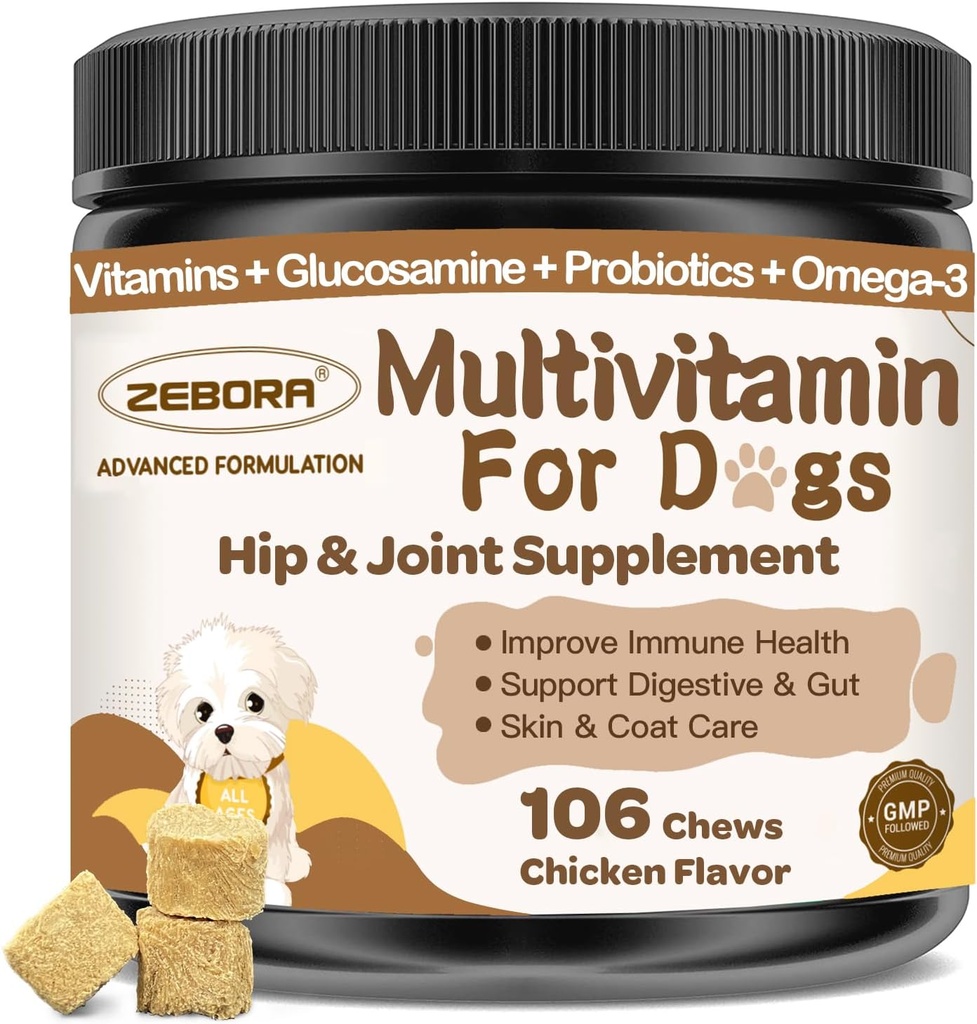 Dog Multivitamin mit Mineralien für Gesamtgesundheit - Hunde-Vitamine und Ergänzungen mit Glucosamin, Probiotika für Welpen & Senior Dogs mit Mineralien - Omega 3 Fischöl für Haut & Coat - 106 Chews