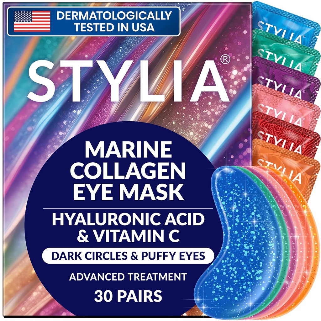Stylia Collagen & Vitamin C Unter Augenaufnäher für Puffy Eyes & Dark Circles - Entsticken, Hydratieren & Firming unter Augenmaske mit Hyaluronsäure - Vegan, Cruelty-Free Skincare (30 Paare)