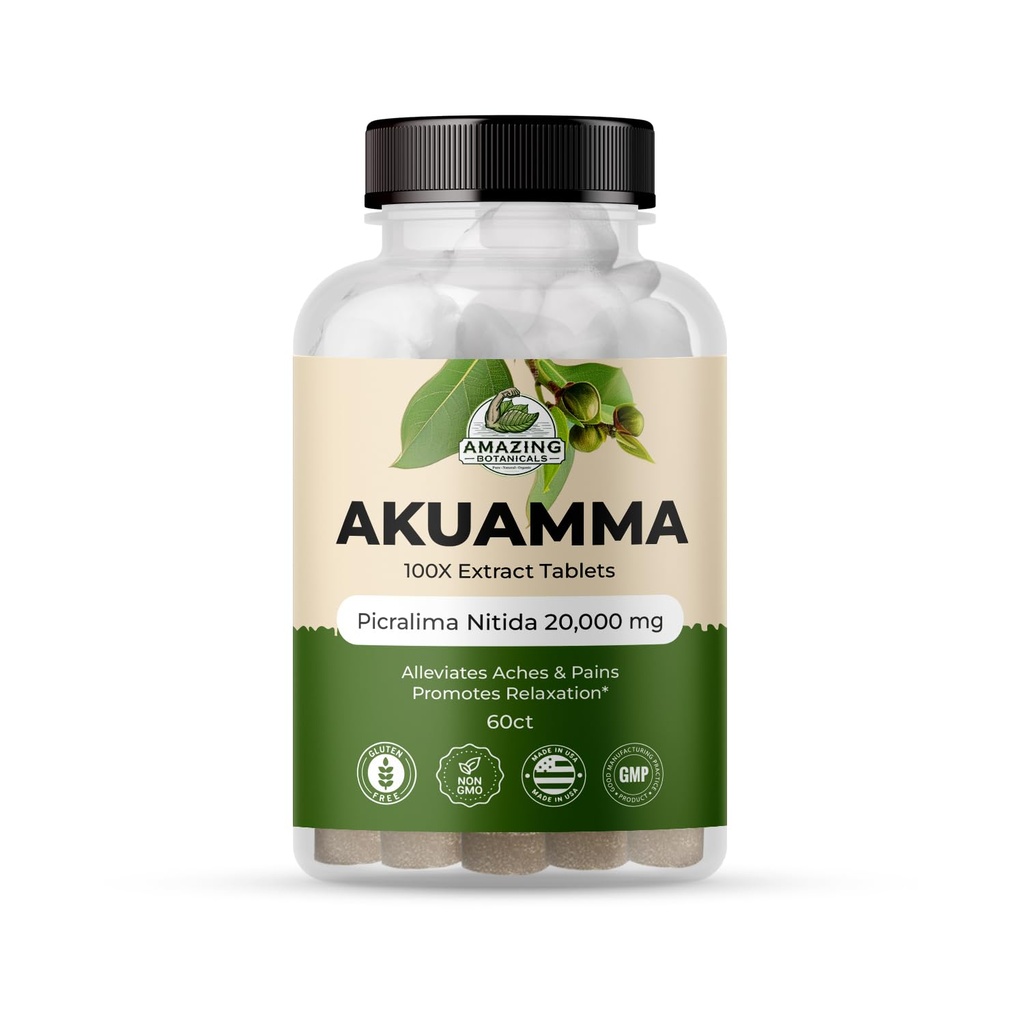 Stupefacente Botanical Akuamma Extract Tablets – 200 mg 100X Extract 20,000mg | Focus and Clarity – Boosts Mood, Relieves Stress, promuove la calma (60 Count)