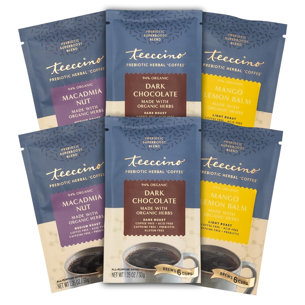 Teeccino Prebiotic SuperBoost™ Herbal Coffee Sampler - 6 Trial-Size Packets - Dark Chocolate, Mango Lemon Balm, Macadamia Nut - Prebiotic, Caffeine-Free, Ground Coffee Alternatives for Good Gut Health