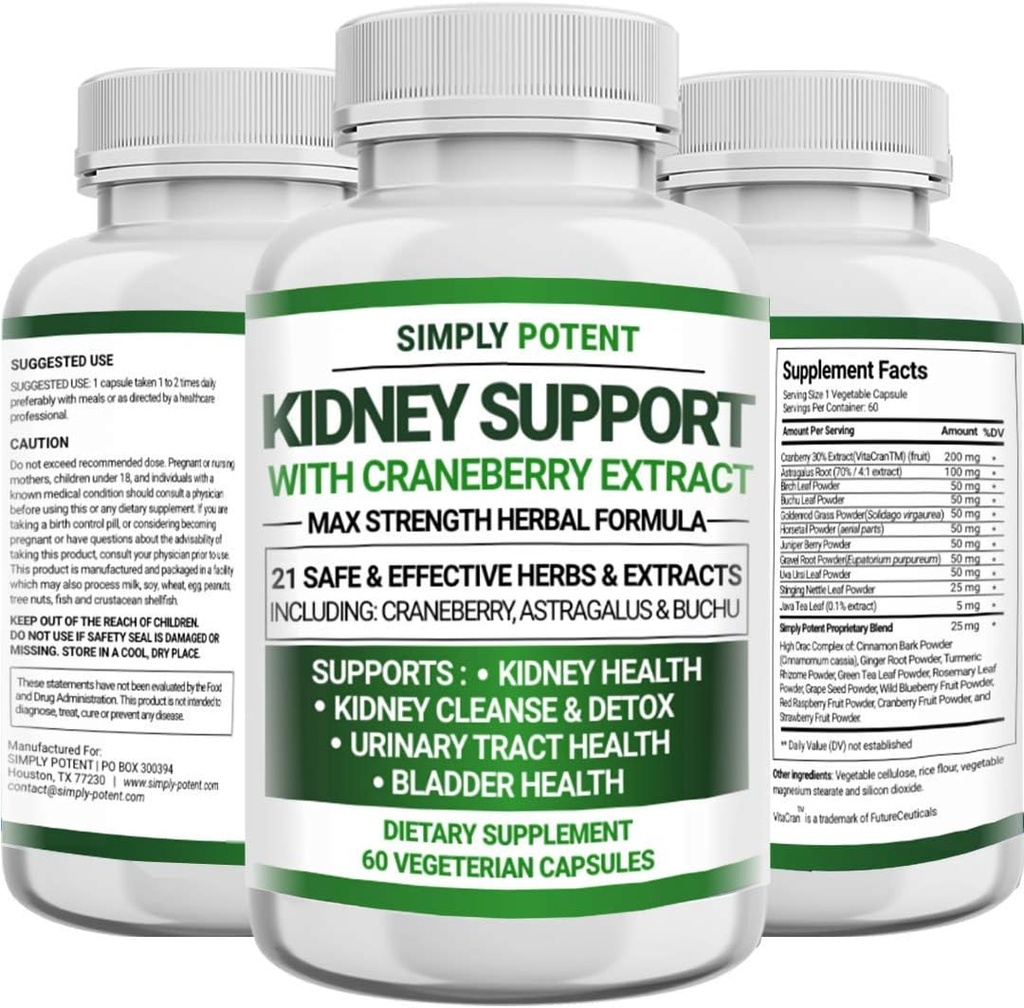 Supplément de soutien au rein, Détox nettoyant et formule de réparation pour la santé du rein et la restauration, 705mg Pills avec 21 herbes - Cranberry Astragalus & Juniper pour la santé du bladder et du trac urinaire, 60 capsules