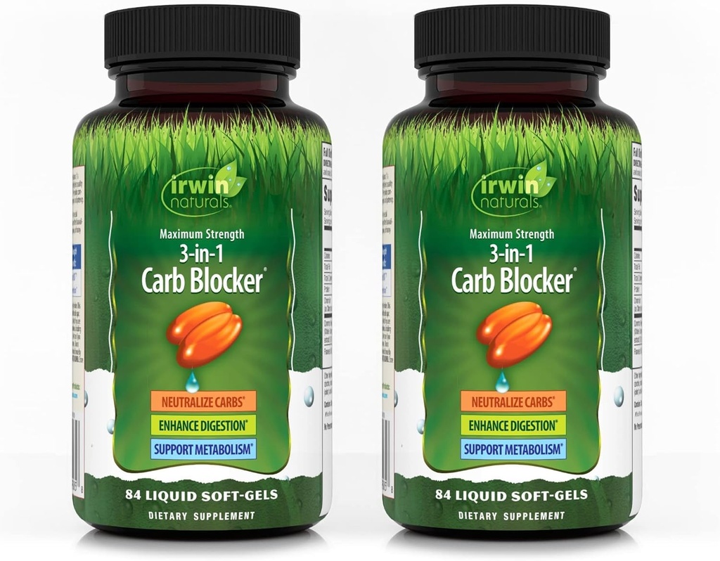 Irwin Naturals Résistance maximale 3-en-1 Blocker de glucides - 84 Liquide Soft-Gels, boîte de 2 - Neutraliser les glucides - 84 Total des portions