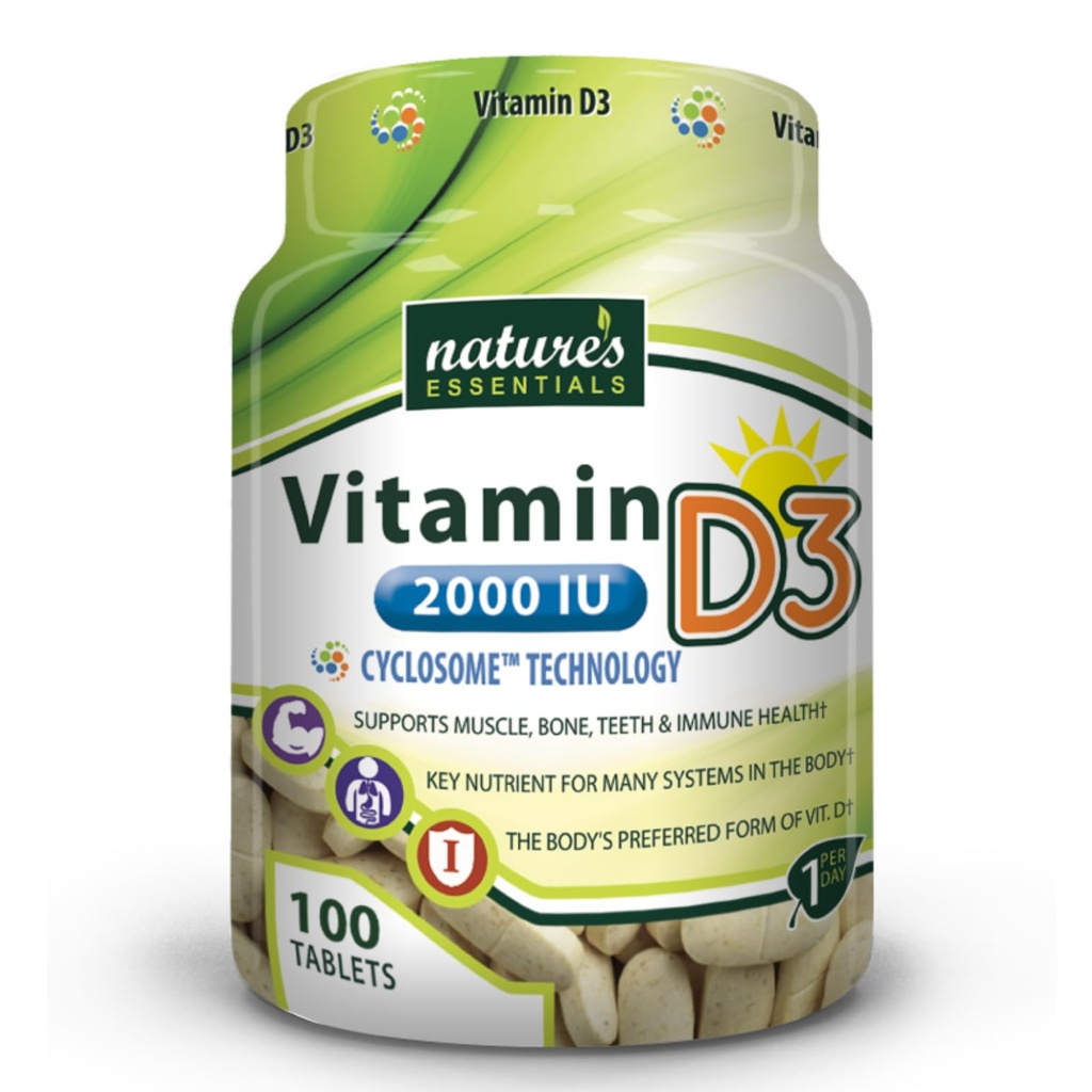 NATURE'S ESSENTIALS Vitamin D3 2000IU | Supporto immunitario | Advanced Cyclosome Liposomal Delivery | Non-GMO, Gluten Free, Vegetariano | 100 compresse