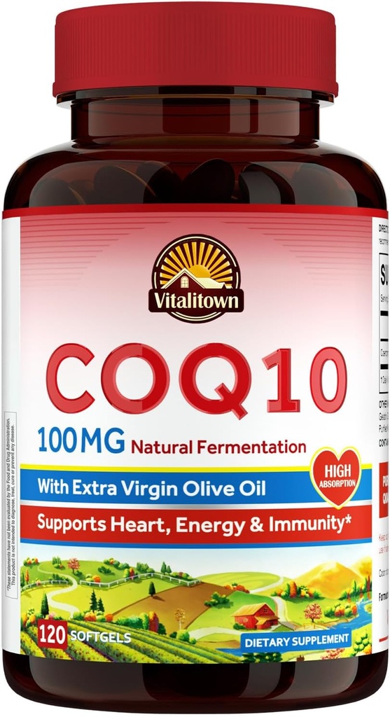 Vitalitown CoQ10 100mg, con Olio Extra Vergine di Oliva, Assorbimento Massimo, Coenzyme Q10 Supplemento, Senza Glutine, Non OGM, per Antiossidante & Heart Health Support, 120 Softgels