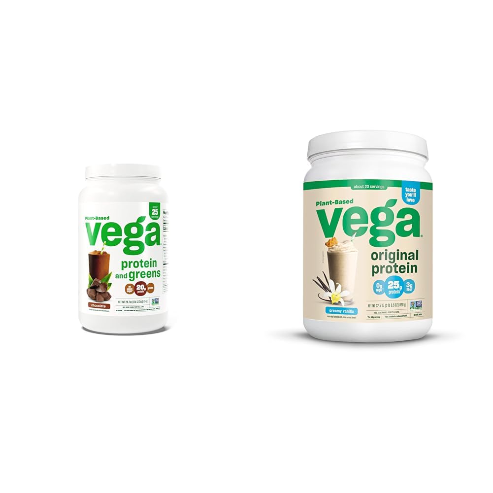 Vega Protéines et Verts Poudre de Protéines, Chocolat et Poudre de Protéines d'origine, Crème Vanille à base de Protéines Mélange pour l'eau, le lait et les smoothies, 32,5 oz