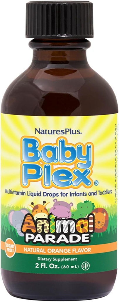NaturesPlus Parade animale Baby Plex, Saveur Orange Naturel - 2 fl oz, boîte de 2 - Multivitamine liquide pour nourrissons et tout-petits - Sans sucre, sans gluten - 120 portions totales