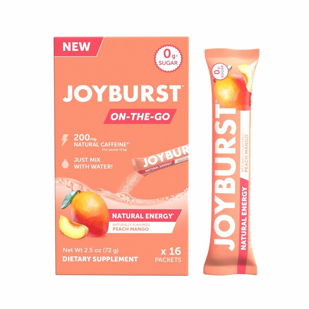 JOYBURST Energy Drink Mix, Natural Caffeine (200mg) für Sustained, Jitter Free Energy, On-The-Go Natural Energy Drink Powder, Sugar Free - 16 x 4g Energy Sticks (Peach Mango)