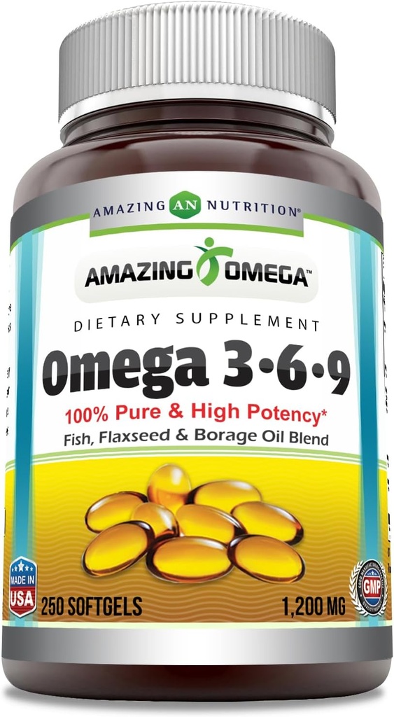 Erstaunlich Omega 3.6.9 Ergänzung | 1200 mg pro Servieren | 250 Softgels | Unflavored | Non-GMO | Gluten-Free | Made in USA
