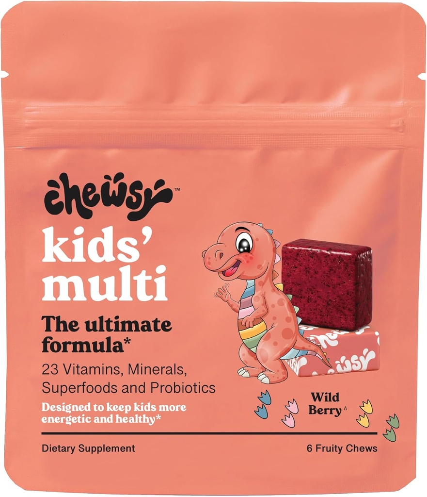 Chewsy Kids' Multivitamin + Probiotics + Superfood Chews, Immun- & Verdauungsunterstützung, Vitamine A, C, D3, E, Zink, Kinder Chewable Supplement, Individuell Wrapped Fruity Chews, 6-Day Supply (1)
