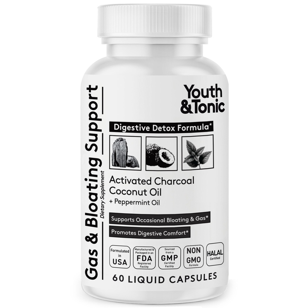 Pillole di carbone attivate per la Bloating e il Gas Relief per Soothe Lo Stomach e il Sistema Digestivo Detox con Peppermint & Organic Coconut Oil, per Men & Women - 60 capsule liquide