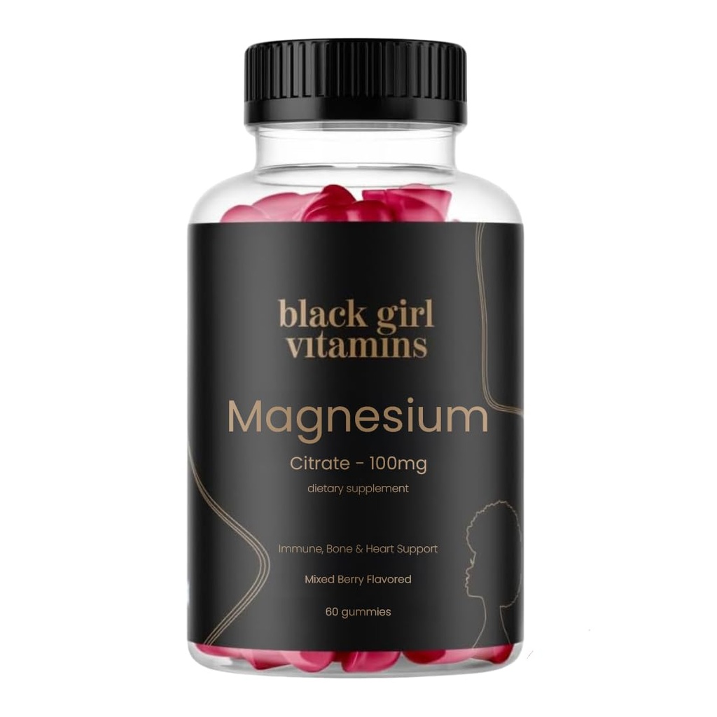 Schwarze Mädchen Vitamine - Magnesium Gummie, für Schlaf, Immunität und Knochenunterstützung. Magnesium Citrate Supplement mit (100mg) pro Servierung, Glutenfrei (Mixed Berry). 60.