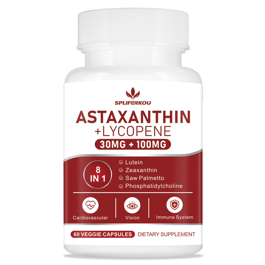 Astaxanthin und Lycopin 70mg, Astaxanthin Ergänzung mit Phosphatidylcholin, Lutein und Zeaxanthin, Leistungsstarke Antioxidantien Ergänzung Unterstützung für Haut, Augen und Gelenkgesundheit (60 Kapseln)