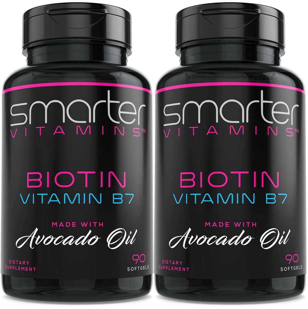 (2 Pack) Biotine plus intelligente 5000mcg dans l'huile d'avocat, vitamine B7, non-OGM, 90 mini softgels liquides, pas de soja