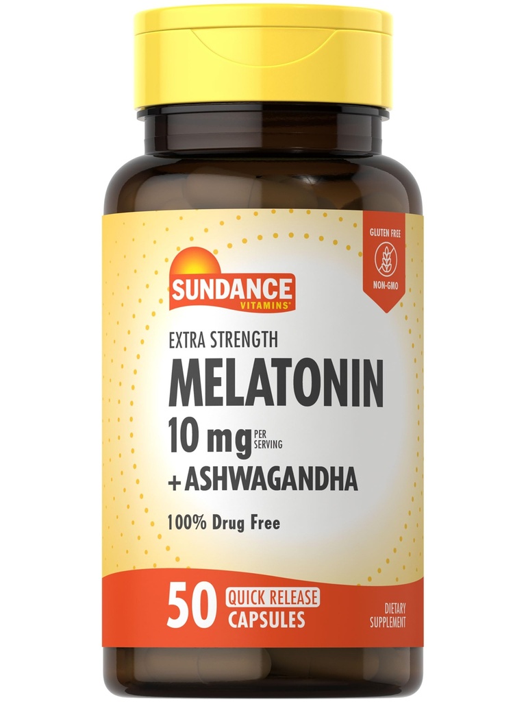 Sundance Melatonin 10mg con Ashwagandha | 50 capsule | Extra Forza | Non OGM & Gluten Integratore Libero