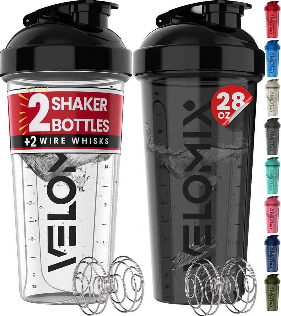 VELOMIX -2 Pack- Bouteilles de shaker protéinique de 28 oz pour les mélanges de protéines - 2x Whisk filaire.