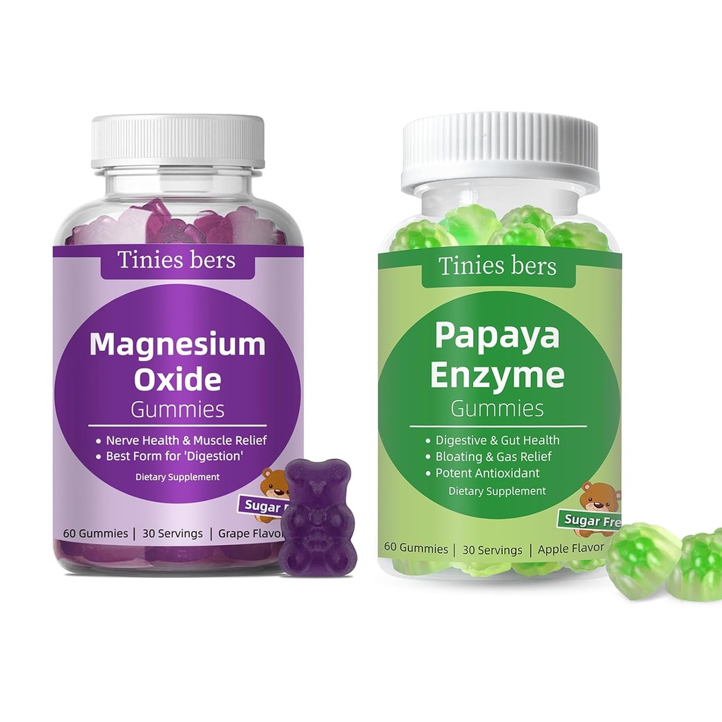 Tinies bers Papaya Enzyme Gummie und Magnesiumoxidgummis, Verdauungsgesundheit für Erwachsene & Kinder, Vegan, Zuckerfrei, Non-GMO, Pektin