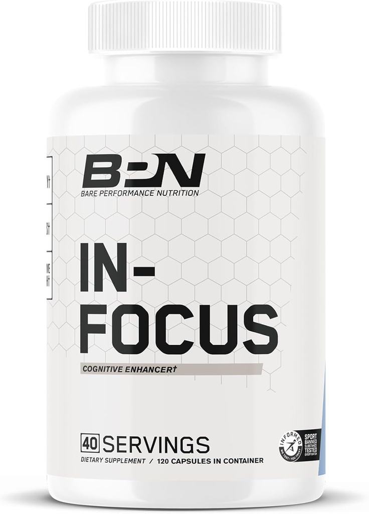 BARE PERFORMANCE NUTRITION BPN in-Focus Gehirn Ergänzung für Speicher & Fokus Koffein Pillen, 1g von L Tyrosin pro Servieren + Alpha GPC, 40 Servierungen, Glutenfrei + Vegan