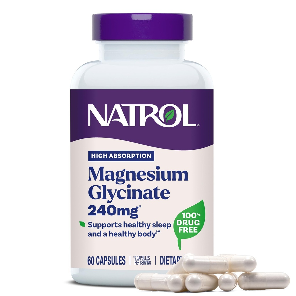 Natrol Suppléments de glycinate de magnésium 240 mg - Haute absorption - Glycinat de magnésium calme pour le sommeil - 60 capsules, 30 jours d'approvisionnement