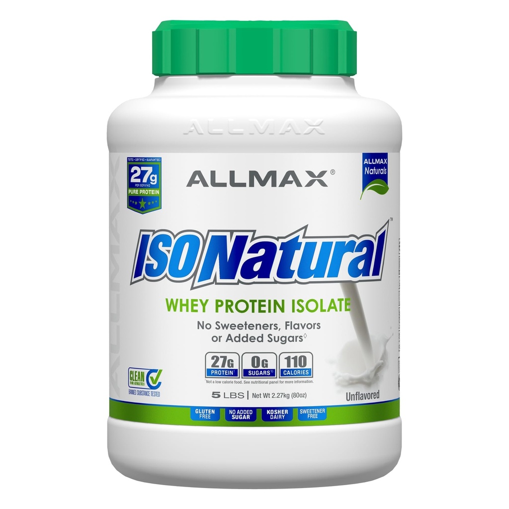 ALLMAX ISONATURALE Isolato di proteine del siero, non aromatizzato - 5 lb - 27 Grammi di proteina per Scoop - Zero Fat & Sugar - 99% Lattosio Libero - con Prebiotici - No aromi artificiali - Circa 78 Serve