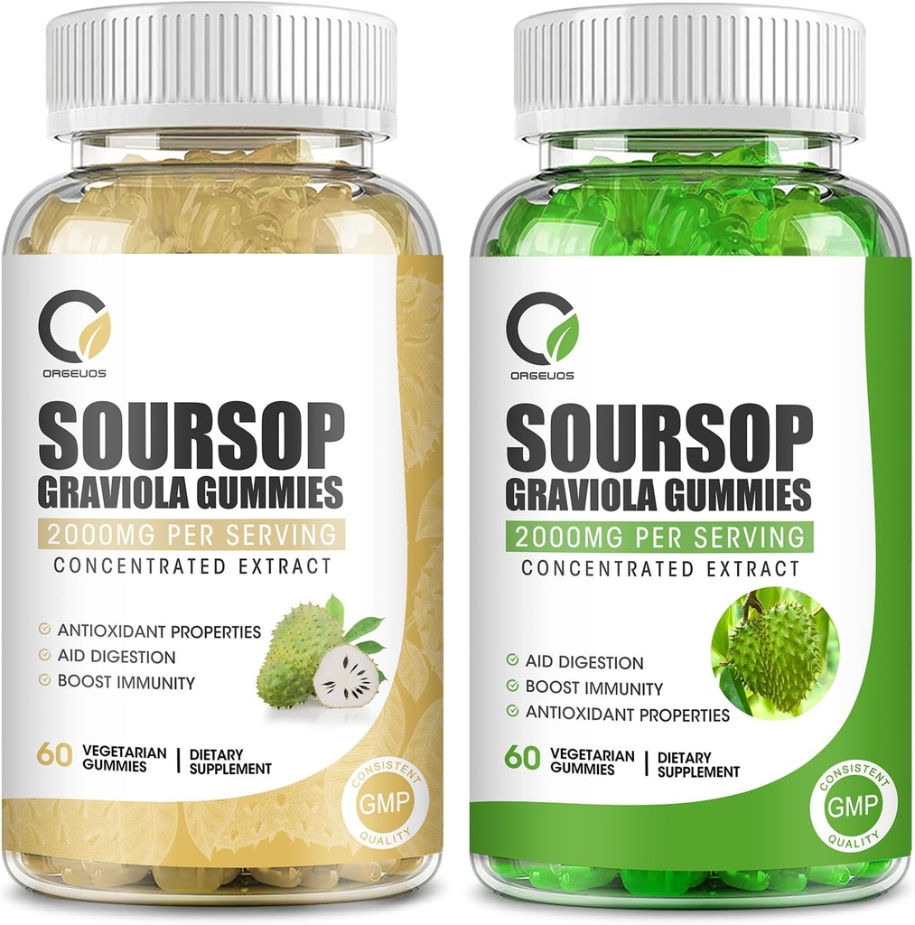 2 Pack Soursop Graviola Gummie, Soursop Blatt Extrakt Geschmack & Authentic Soursop Obst Extrakt Geschmack, für Zellunterstützung & Regeneration, Immunität, Leber, Zzz & Antioxidans - Glutenfrei, Vegan