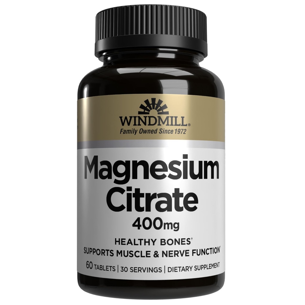 Mulino a vento Vitamine naturali Citrato di magnesio 400 mg, Supporto immunitario, Supporta il cuore sano, 60 conte, 30 Serve