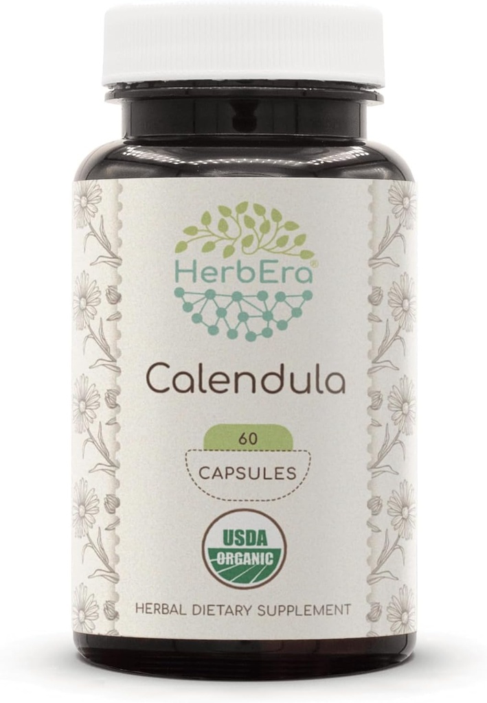 HerbEra Calendula USDA Organic 60 Capsule | Natural Herbal Supplement | Capsule Vegetariani Organici Certificati e Calendula Organica (Calendula officinalis) Dried Flower (60 Capsule)