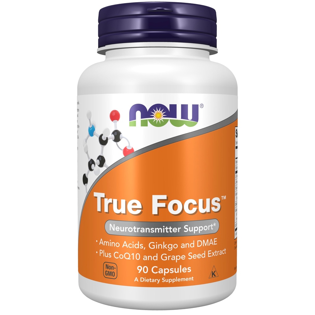 NOW Integratori Alimentari, True FocusTM con Aminoacidi, Ginkgo, DMAE + CoQ10 e Estratto di semi di Uva , 90 capsule di Veg