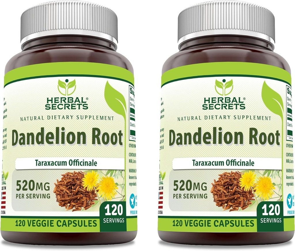 Herbal Secrets Dandelion Root 520 mg Veggie Capsule Supplemento | Non-GMO | Gluten Free | Made in USA (120 Count | 2 Pack)