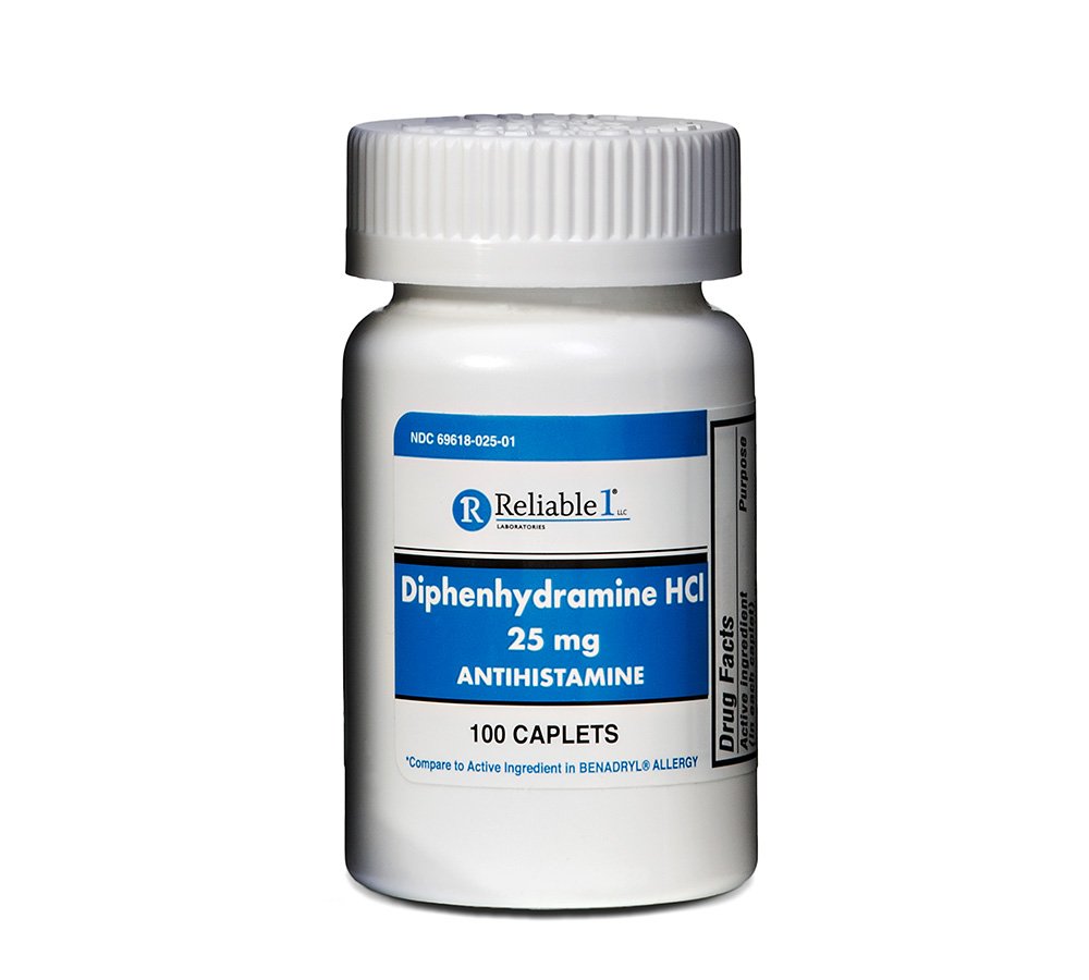 Reliable 1 Diphenhydramine HCI 25mg Antihistamine 100 Caplets (1 Bottle)