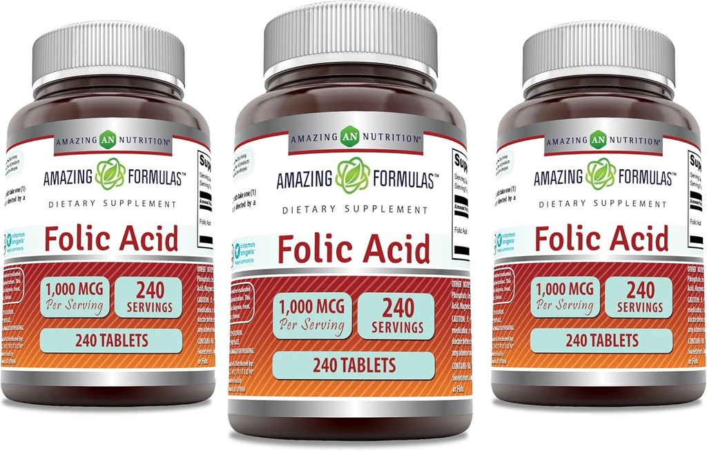 Erstaunliche Formeln Folsäure 1000 mcg (1 mg) Tabletten Supplement | Vitamin B9 | Non-GMO | Gluten Free | Made in USA (240 Count | 3 Pack)