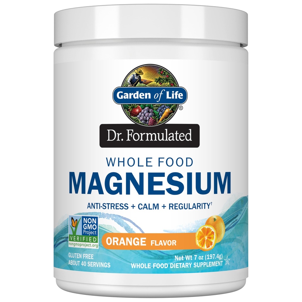 Garten des Lebens Dr. Formuliertes Ganzes Lebensmittel Magnesium 197.4g Pulver - Orange, Chelat, Non-GMO, Vegan, Kosher, Gluten & Zucker Kostenlose Ergänzung mit Probiotika - Beste für Anti-Stress, Beruhigung & Regelmäßigkeit