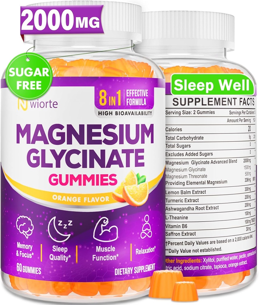 Magnesio Glycinate Gummies Supplemento per Adulti Donne, Magnesio Gummie con L-Threonate, Ashwagandha, Vitamina B6- Sonno, Relax, Calma, Energy, Vegan, Sugar Free, 60 Conte
