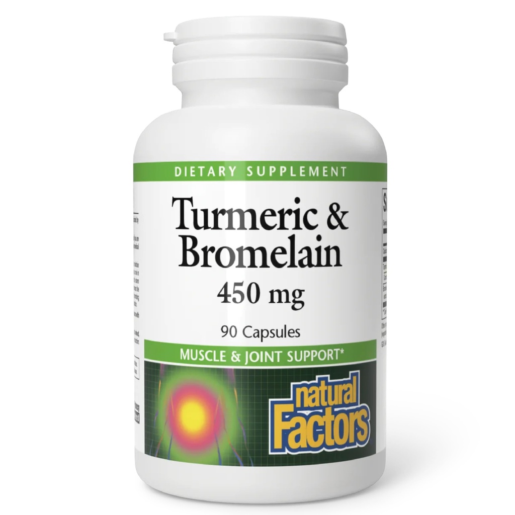 Facteurs naturels, Turmeric & Bromelain 450 mg, Soutien musculaire et articulaire, 90 Capsules