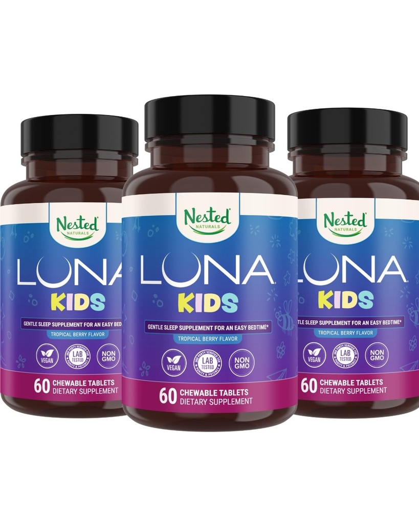 Nested Naturals Luna Kinder Schlafergänzung - für Kinder & Melatonin Sensitive Erwachsene - Sanfte Kräuterergänzung mit Kamille, Melatonin, & Valerian - 180 Chewable Tablets (60 Per Bottle)