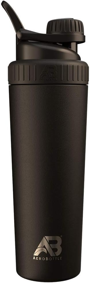 AeroBottle Cryo Shaker Cup, Insulated Edelstahl Wasserflasche und Protein Shaker, Mischt Protein und Pre Workout mit turbulent Mischtechnologie, keine Mischkugel oder Wisk, 26oz, Schwarze Eis
