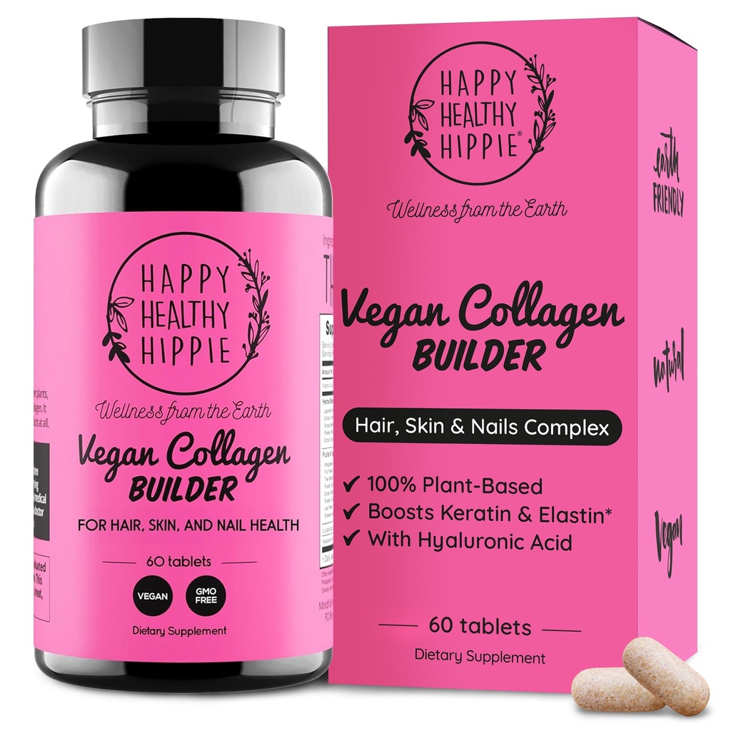 Vegan Collagen Builder w/ Acido ialuronico – Hair Skin and Nails Vitamins for Youthful Glow | Keratin & Elastin Booster | Bones, Cartilage, Tendons | Vitamina A, L-Lysine | Vegetariano | Non-GMO, 60 Ct