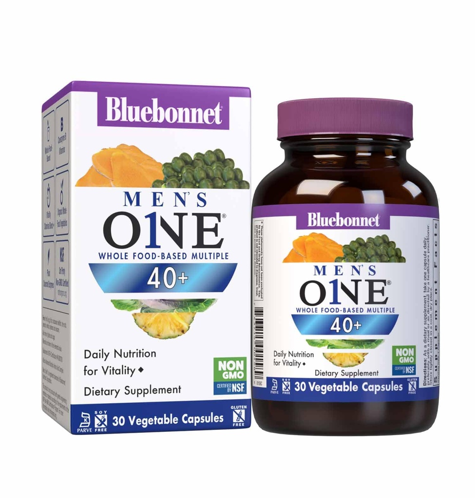BlueBonnet Nutrition Uomo ONE 40+ Tutto Cibo-Based Multiple, Uomini Multivitaminico per Uomo 40+, Soy-Free, Non OGM, Gluten Free, Kosher, 30 Capsule Vegetali, 30 Serve