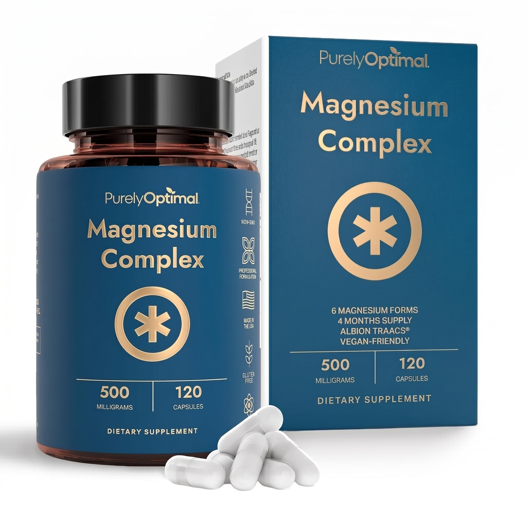 Complexe Magnésium Purement Optimisé - 6 formes Magnésium Glycinate, Citrate et Malate - Soutien du sommeil, Soulagement du stress, Muscles, Santé du coeur et relaxation - Supplément Magnésium pour les femmes et les hommes, 120 Caps