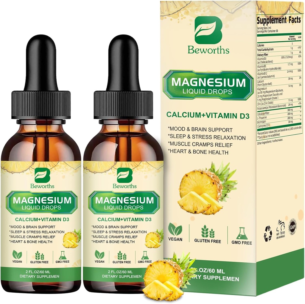 Magnesio Complesso Gocce Liquide, Magnesio Glycinate Gocce Liquide con Magnesio Taurate, Citrato, Calcio, Potassio, Vitamina, Zinco (2 Fl Oz (Pack of 2), Ananas)