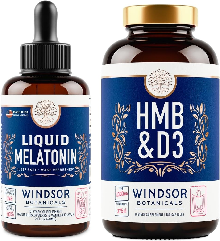 WINDSOR BOTANICALs HMB mit Vitamin D3 Supplement und flüssigem Melatonin 3mg - Workout and Recovery Bundle