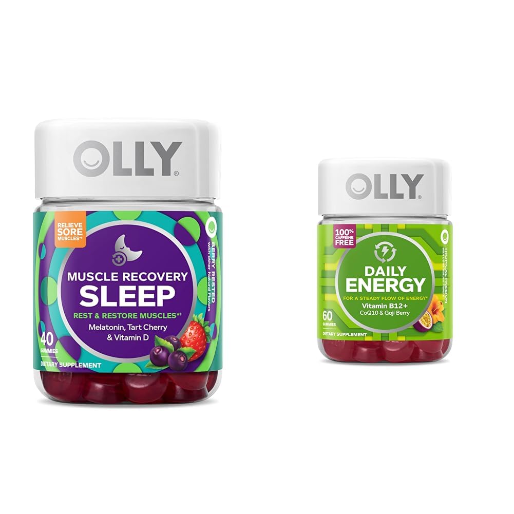 OLLY recupero del muscolo sonno gommoni, sonno e sore supporto del muscolo, 3mg Melatonina, Tart Cherry & Daily Energy Gummy, Caffeina Free, Vitamina B12, CoQ10, Goji Berry, Adult Chewable Supplement