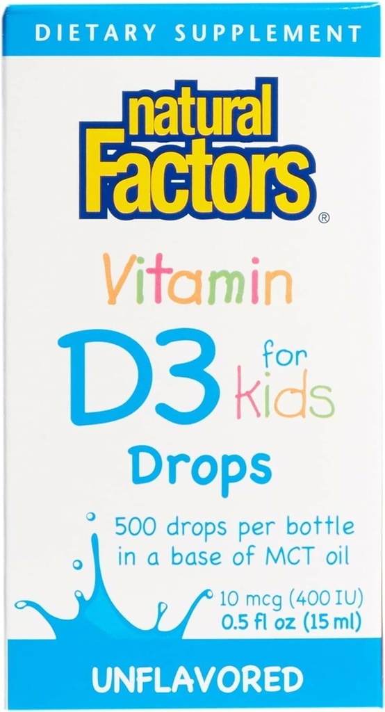 Natürliche Faktoren, Vitamin D3 Tropfen 400 IU (10 mcg) für Kinder, unterstützt starke Knochen und Immunfunktion, 0,5 fl oz, 0,5 Oz