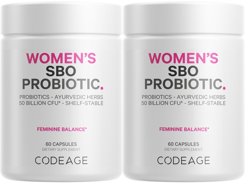 Codeage Femmes Supplément probiotique - 50 milliards UFC - SBO Probiotiques et prébiotiques - canneberges - Féminine Santé - Mélange botanique fermenté, complément alimentaire entier - Vegan, non-OGM - 2 paquets