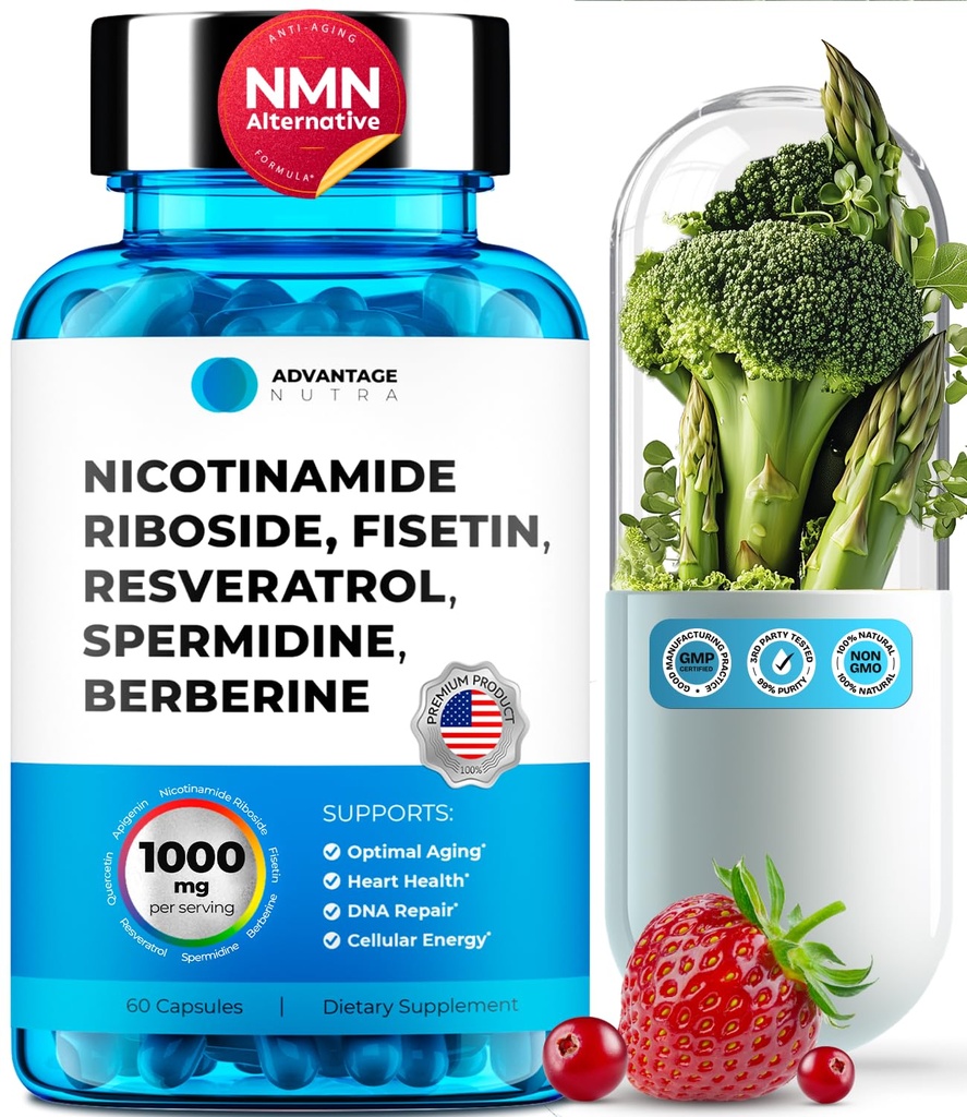 Liposomal Nicotinamide Riboside NR Supplément Resveratrol NAD : Nicotinamide 500mg avec/Fistérine, Poudre de Resveratrol Spermidine Berberine NAD Resveratrol Supplément 500 mg - 60 capsules 1 Pack