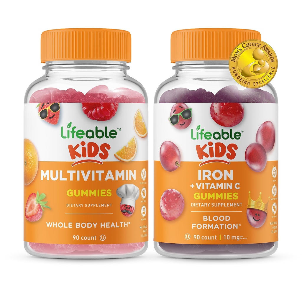 Lifeable Multivitamin Kids + Iron & Vitamin C Kids, Gummis Bundle - Große Verkostung, Vitamin Supplement, Glutenfrei, GMO frei, Kaugummi
