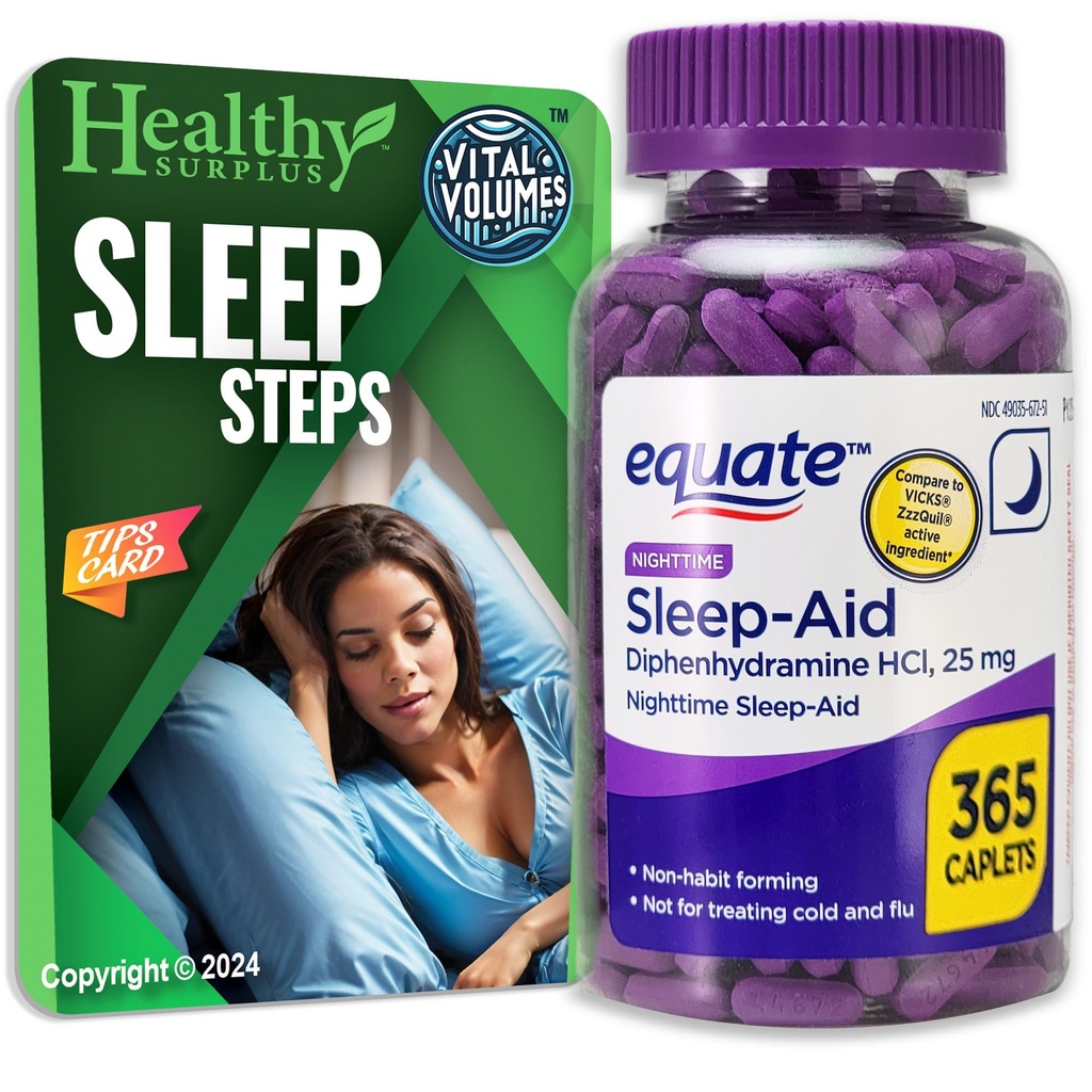 Äquate Sleep-Aid Diphenhydramine HCI 25 mg 365 Caplets und Vital Volumes Schlafschritte Tipps Karte